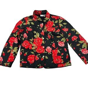 Kim Rogers Signature Petite Large Quilted‎ Jacket Black Red Floral Rose Snap